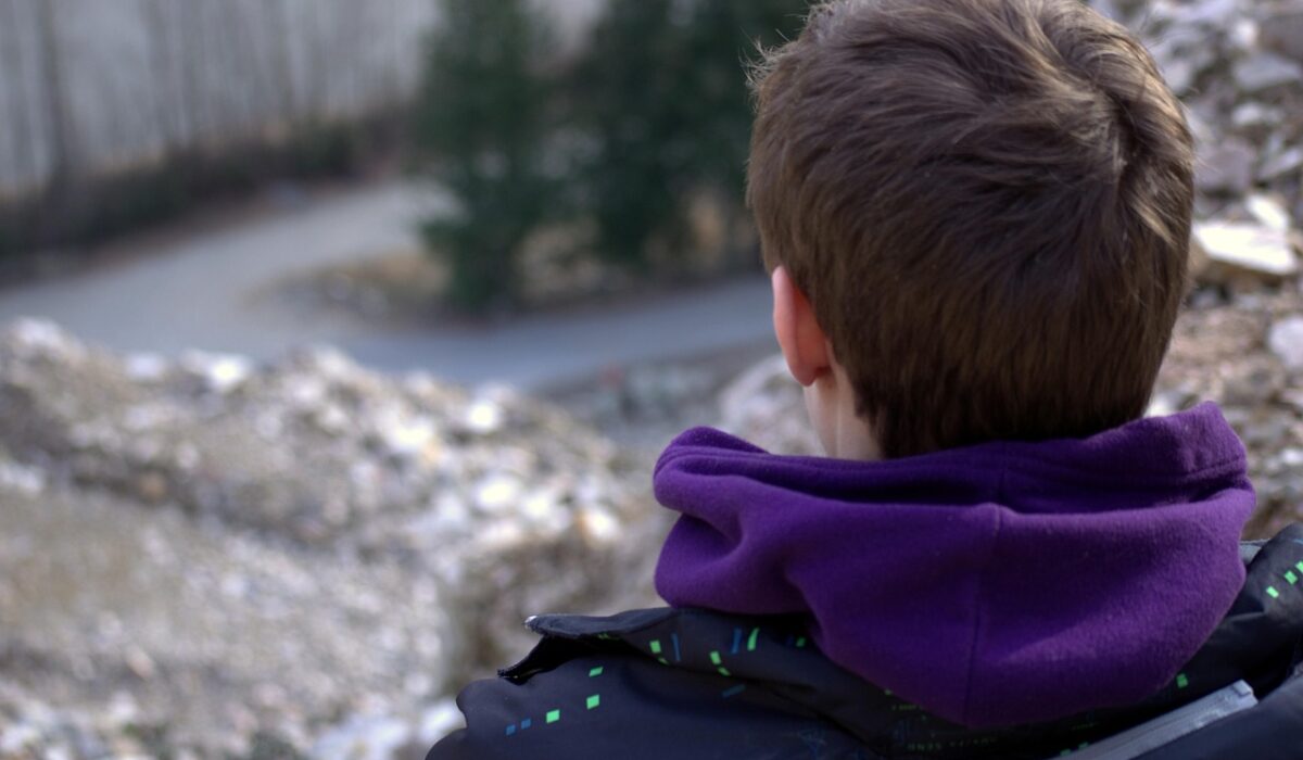 boy, winter, fall, coat, male, person, son, outdoors, nature, man, looking, mountain, trees, landscape, sitting, head, hair, from behind, watching, guy